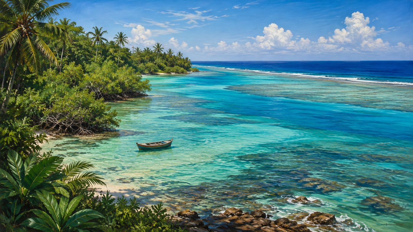 A Belizean Caribbean coastline with turquoise water and lush tropical vegetation, a barrier reef visible offshore under a bright sky