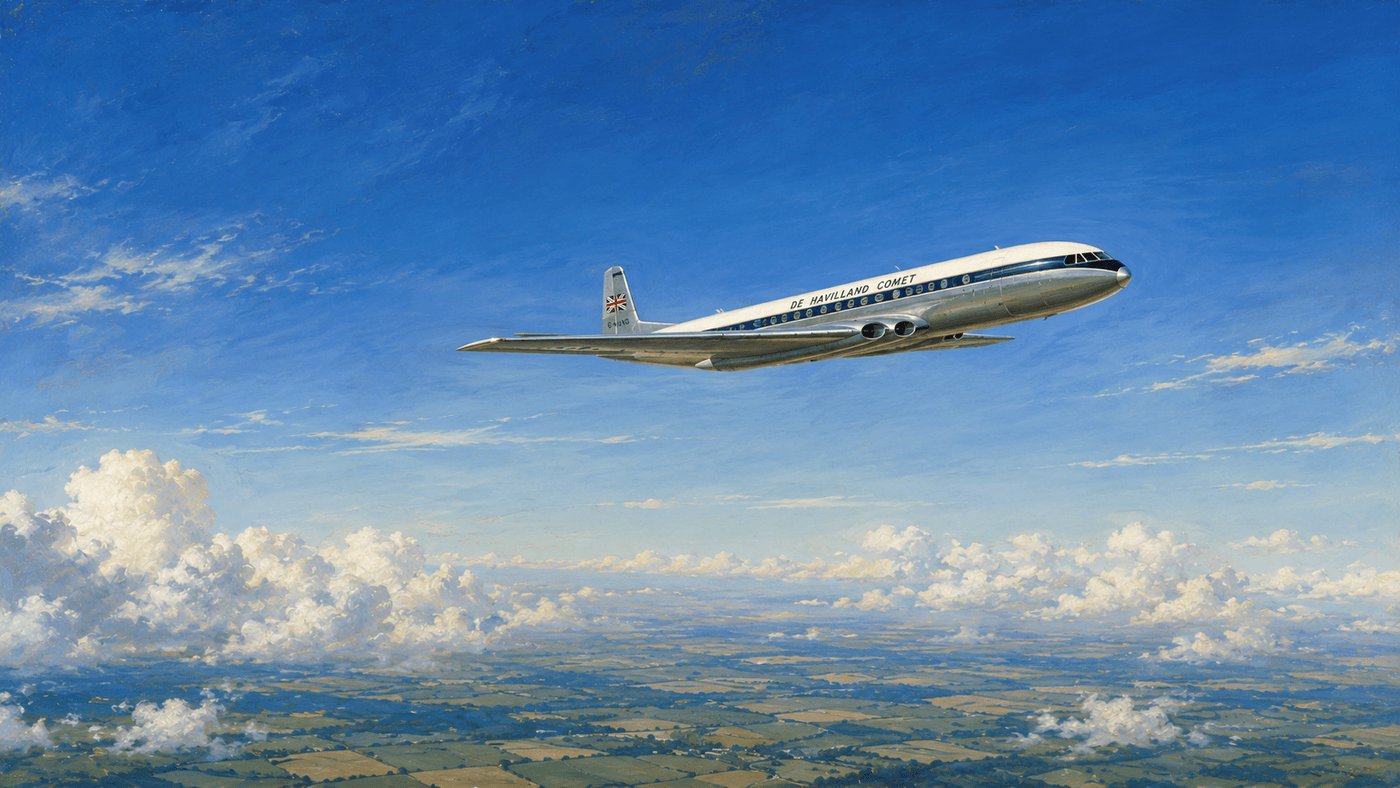 A sleek early jet airliner in flight above English countryside, its swept wings and four jet engines visible against a blue summer sky