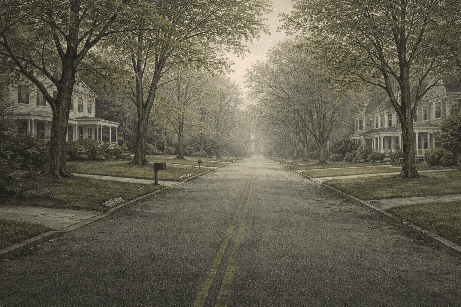 A quiet suburban New Jersey street lined with mature trees and large homes on an early spring morning