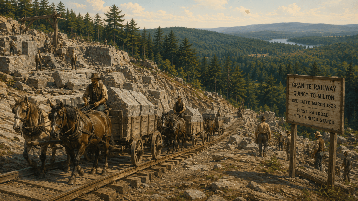 An early 19th century granite quarry with horse-drawn rail wagons on a wooden track, workers in period dress, Massachusetts hills in the background