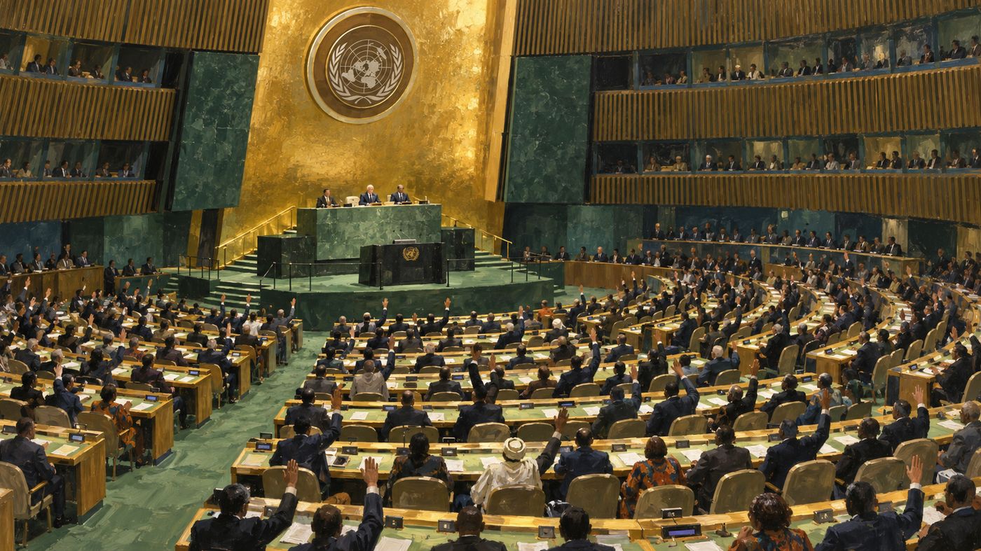 A painterly illustration of the United Nations General Assembly hall — the vast circular chamber with tiered delegate seating from nations around the world, the UN emblem at the front, the atmosphere of a historic vote in progress