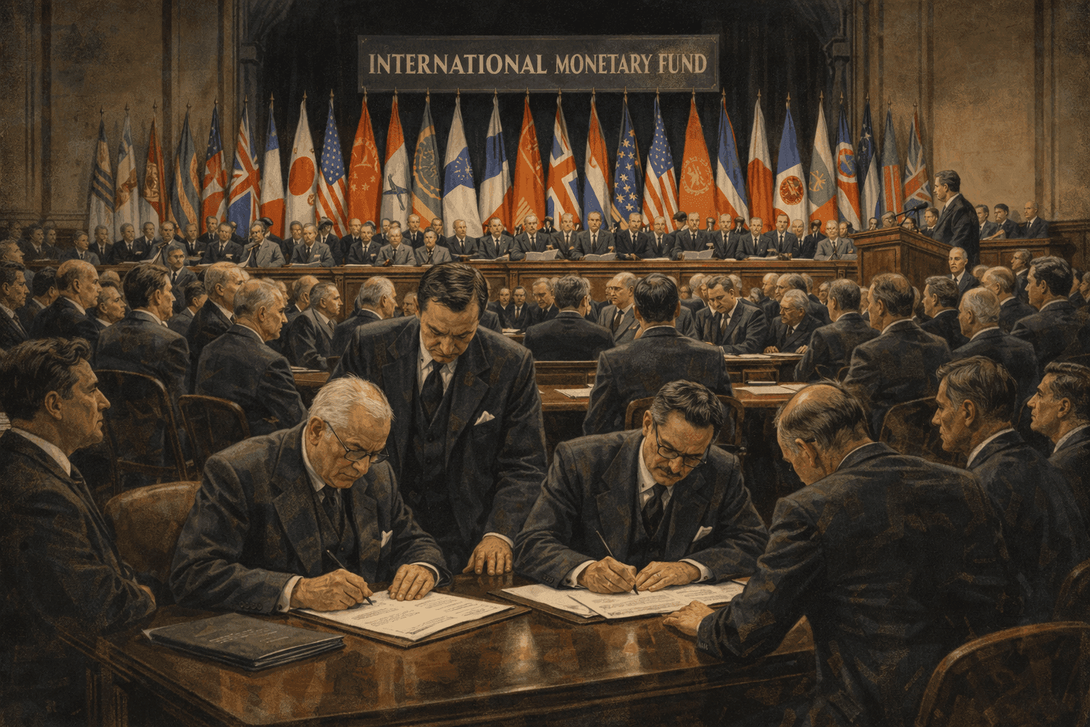 The Bretton Woods Conference founding meeting with international delegates assembled, documents being signed, and the formal atmosphere of creating global financial institutions