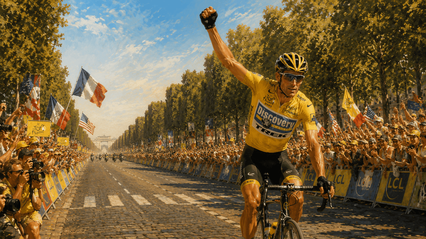 A cyclist in a yellow jersey riding down a famous European boulevard lined with cheering crowds under a summer sky