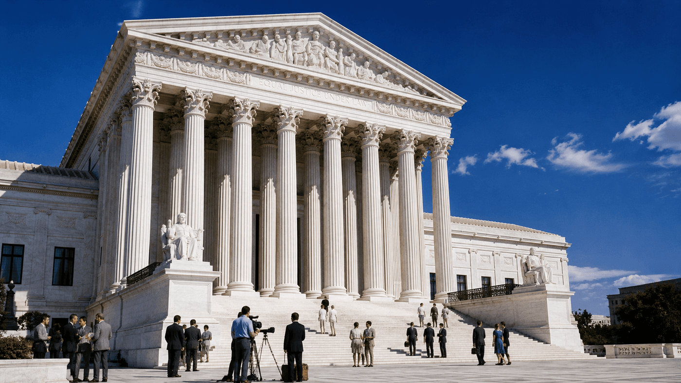 The exterior of the Supreme Court building in Washington DC on a summer day, its white marble columns reflected in a shallow pool