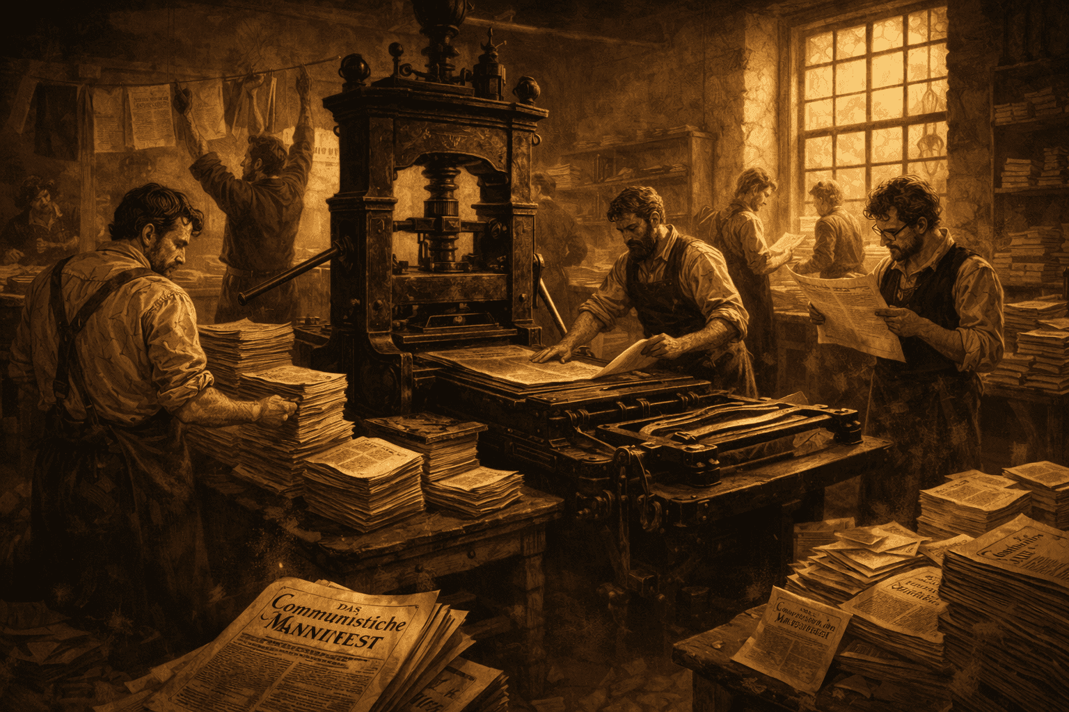 Painterly scene of printing press workers producing pamphlets in a 19th century workshop with dramatic lighting