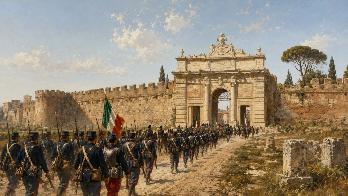 The Porta Pia gate in the Aurelian walls of Rome, the classical architecture of the gate visible, Italian forces visible approaching along the Via Nomentana