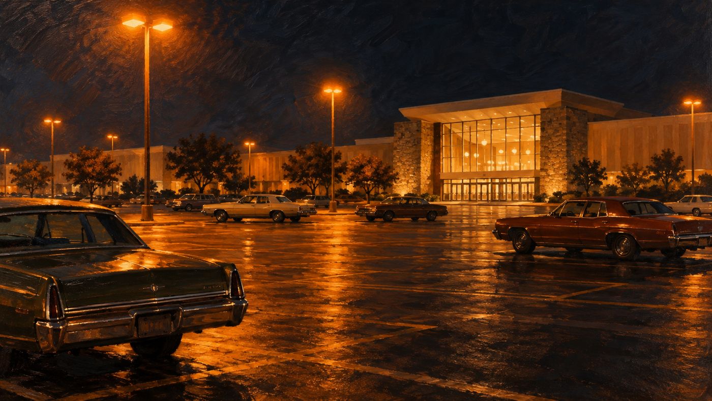 A painterly illustration of a 1970s American suburban shopping mall exterior at night — the parking lot under orange sodium vapor lights, a few cars scattered across the asphalt, the mall entrance glowing in the distance
