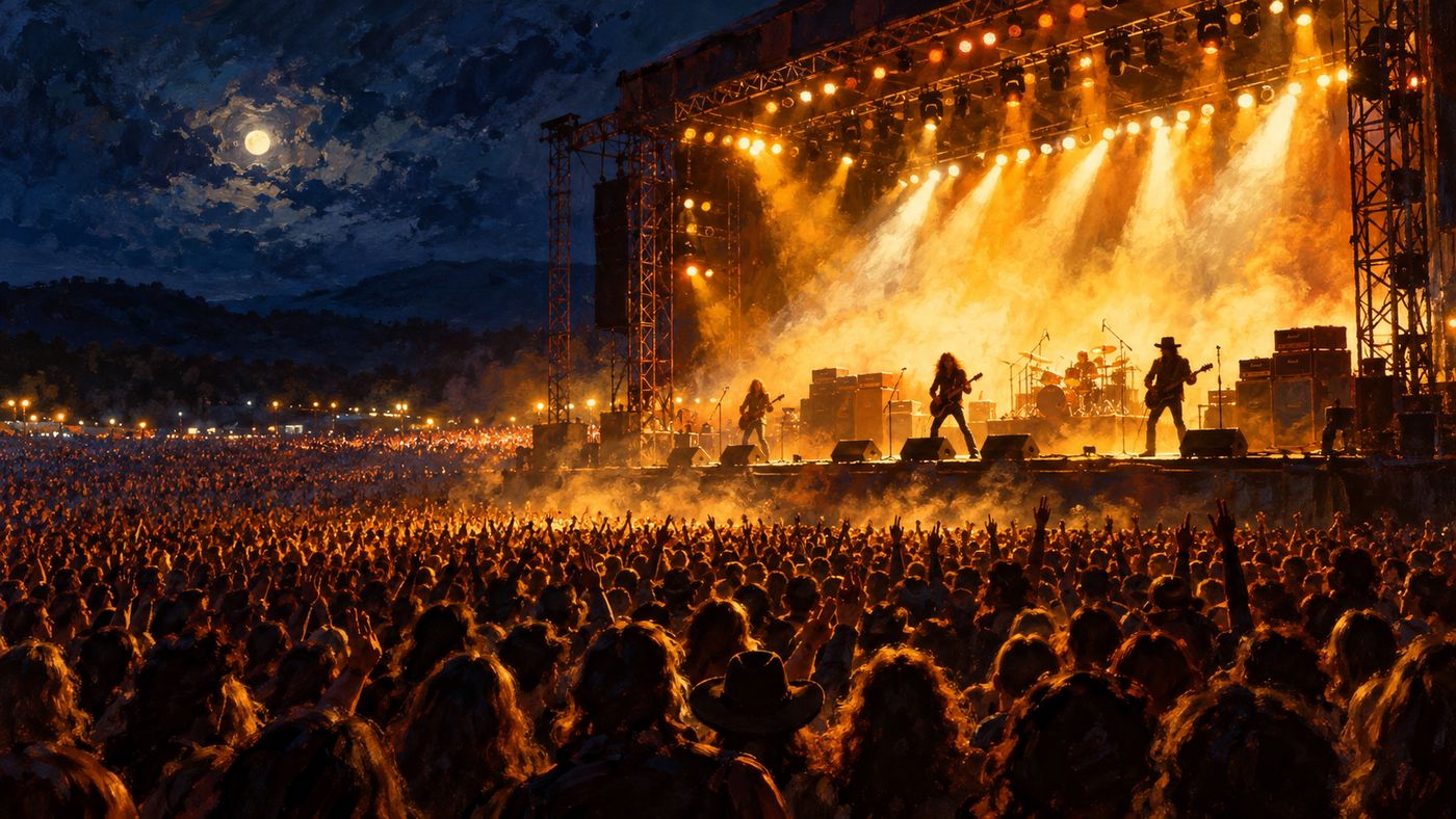A painterly illustration of a 1970s Southern rock concert stage at night — a wide outdoor stage blazing with amber and gold stage lighting, a vast crowd stretching into the darkness beyond, the atmosphere electric with the energy of live performance
