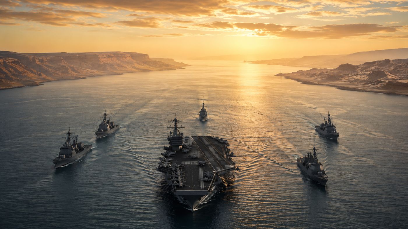 A U.S. Navy carrier strike group patrols the entrance to the Strait of Hormuz, the narrow passage between Iran and Oman barely visible in the distance