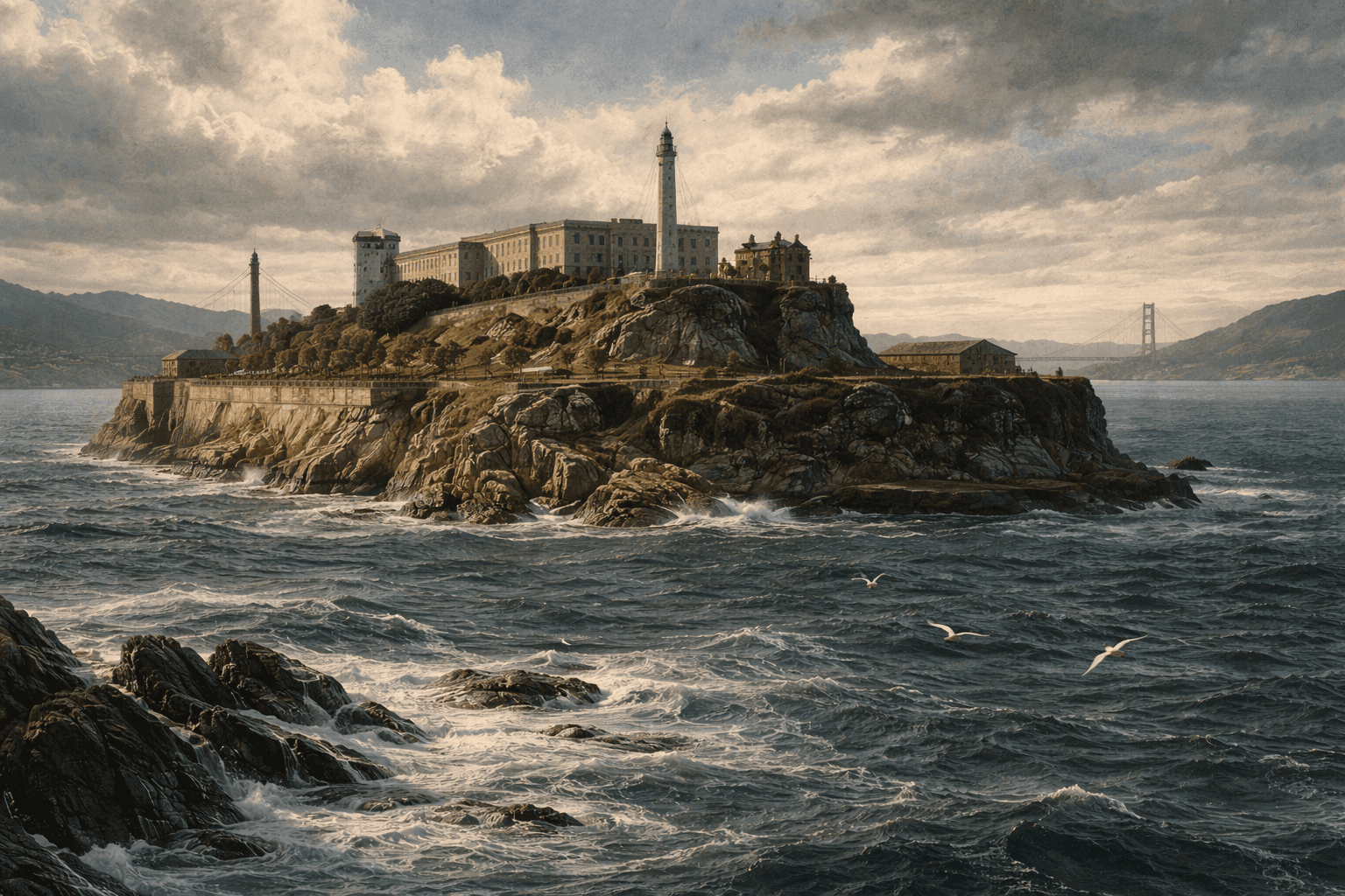 Historical illustration of Alcatraz Island in San Francisco Bay with prison buildings and surrounding waters