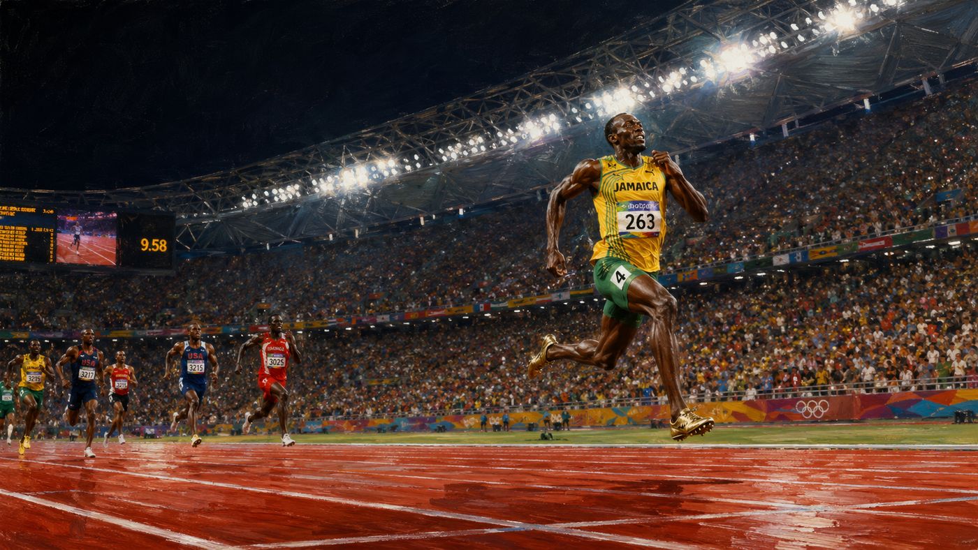 A world-class athletic track and field stadium at night under brilliant floodlights, a lone sprinter crossing the finish line ahead of a distant field