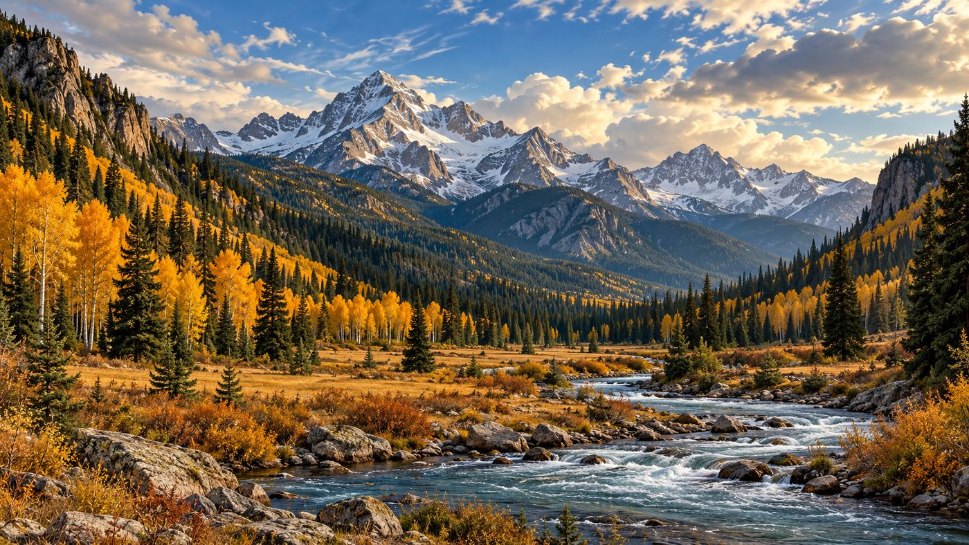 A sweeping painterly landscape of the Montana Rocky Mountain foothills in autumn — a wide valley with a rushing stream, dense conifer forest climbing the slopes, golden aspen groves in fall color, the dramatic mountain peaks above dusted with early snow
