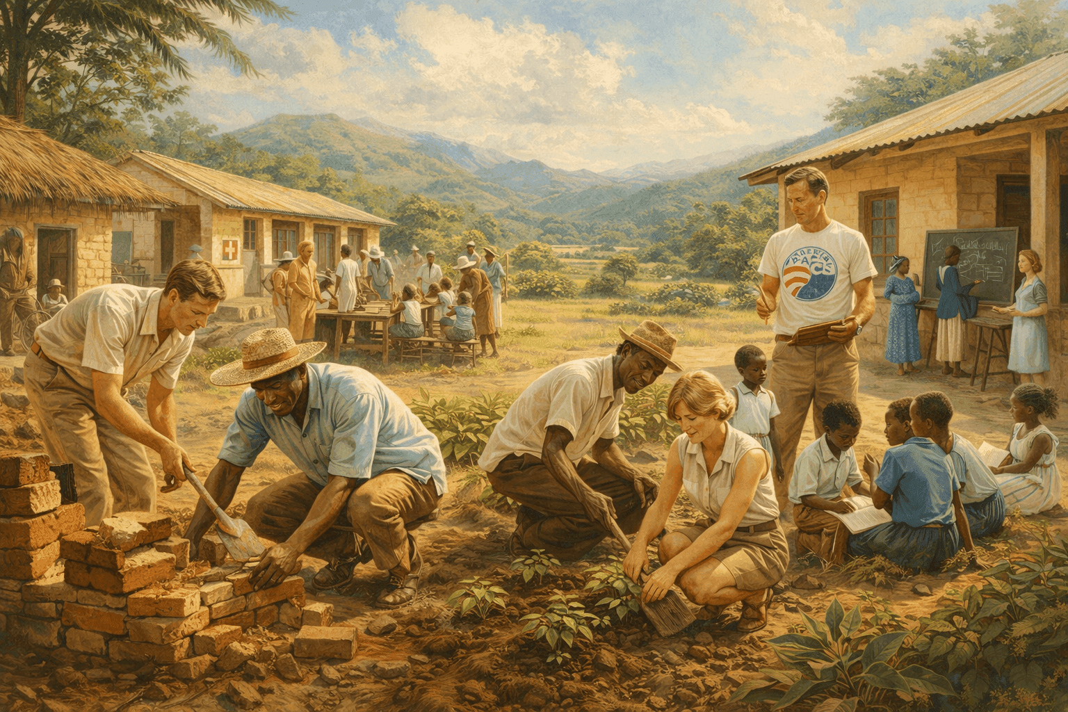Historical illustration of 1960s Peace Corps volunteers working with communities in developing nations