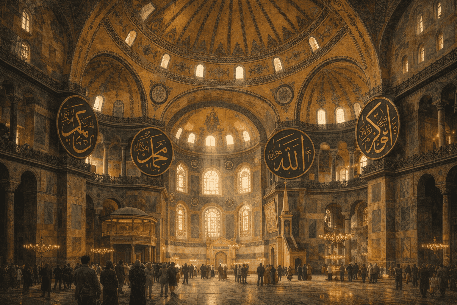 The magnificent interior of Hagia Sophia showing its massive dome, Islamic calligraphy, and Christian mosaics in the grand Byzantine architectural space