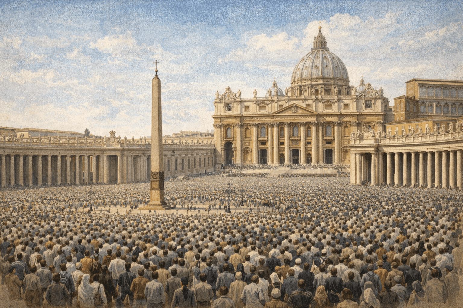 St. Peter's Square in Vatican City filled with thousands of pilgrims on a sunny afternoon with the great basilica facade behind them