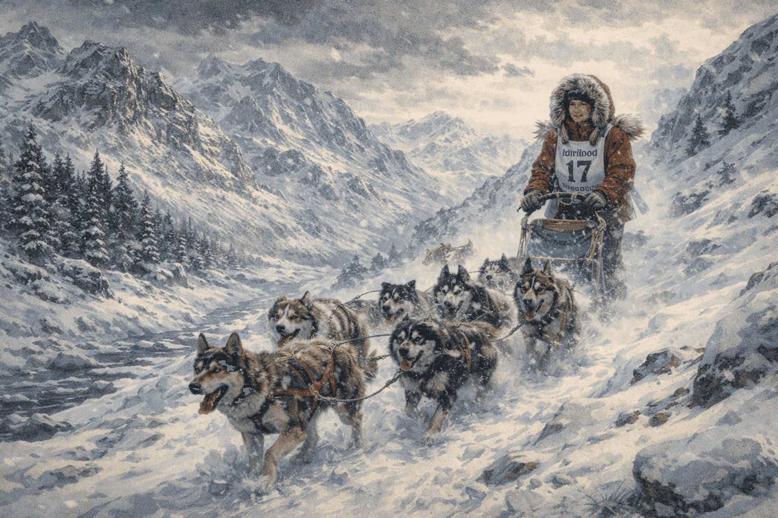 Historical illustration of Alaska wilderness with sled dogs and snowy mountain landscape