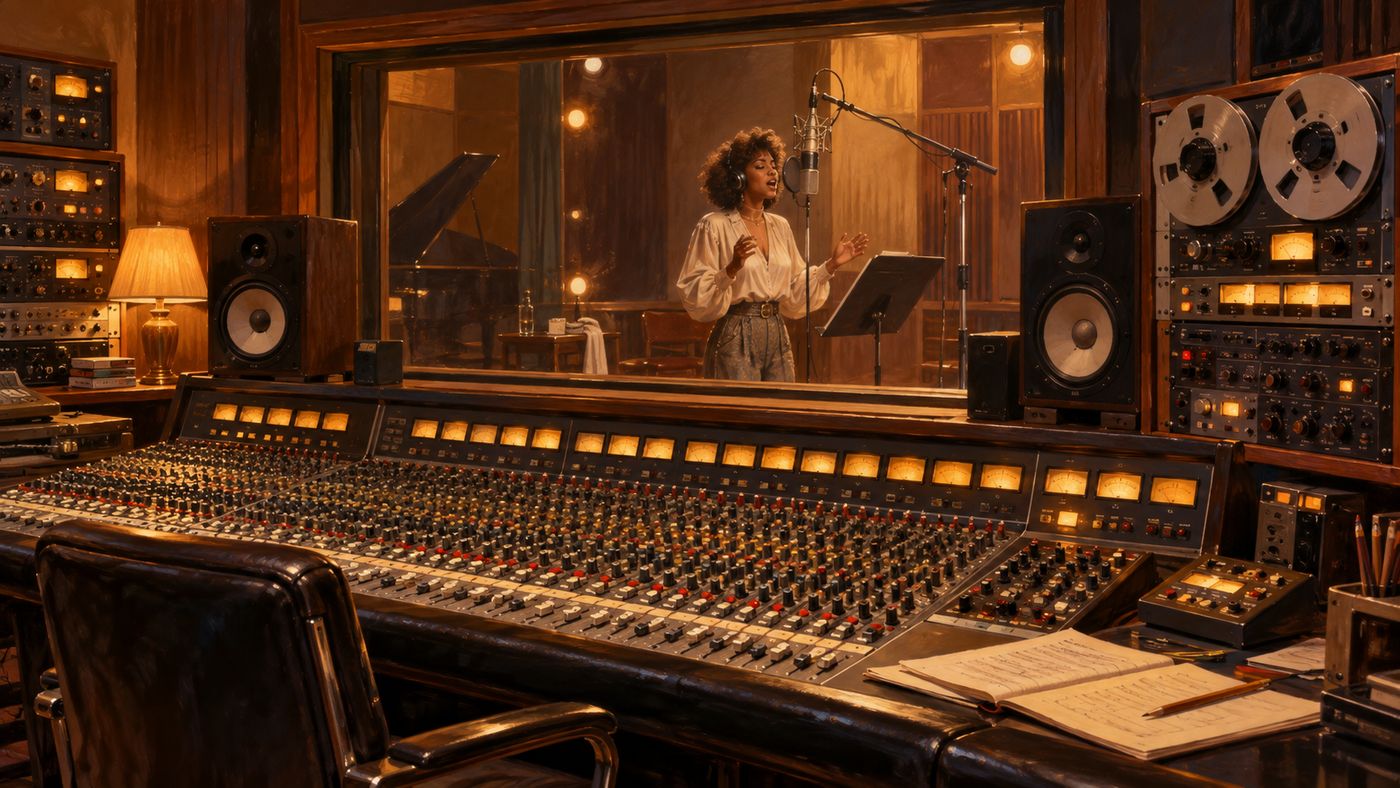 A painterly illustration of a 1980s recording studio — a large-format mixing console in the foreground, a vocalist visible through the glass of the recording booth, warm studio lighting, reel-to-reel tape machines and outboard gear lining the walls