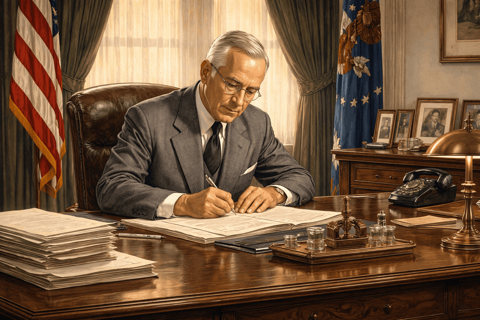 President Harry Truman at his Oval Office desk with papers and an American flag behind him in the late 1940s