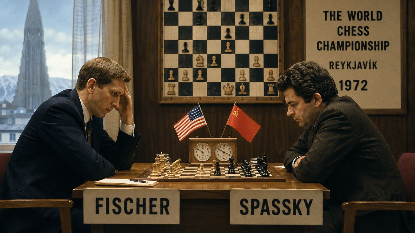 A formal chess match in progress, two players at a tournament table under dramatic lighting, a chess clock visible between them