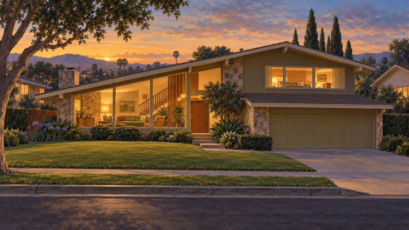 A 1960s American suburban home exterior with a distinctive split-level architecture, a well-kept yard, the warm domestic setting of a family television series
