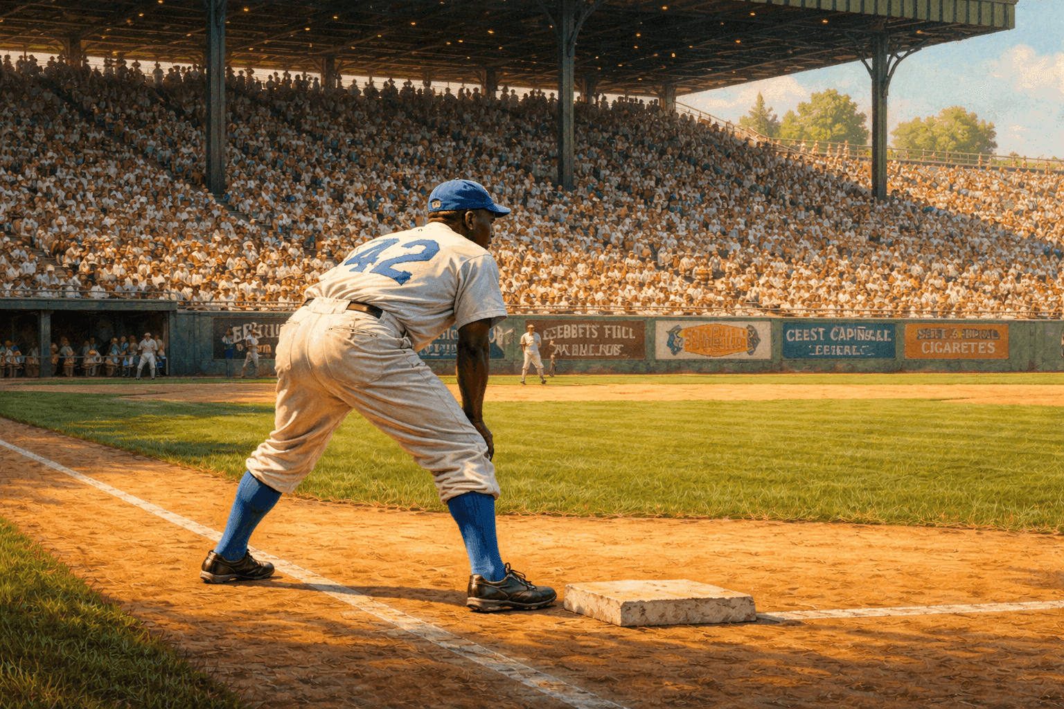 A baseball player in a Brooklyn Dodgers uniform taking his position on the field at Ebbets Field in 1947 as the crowd looks on