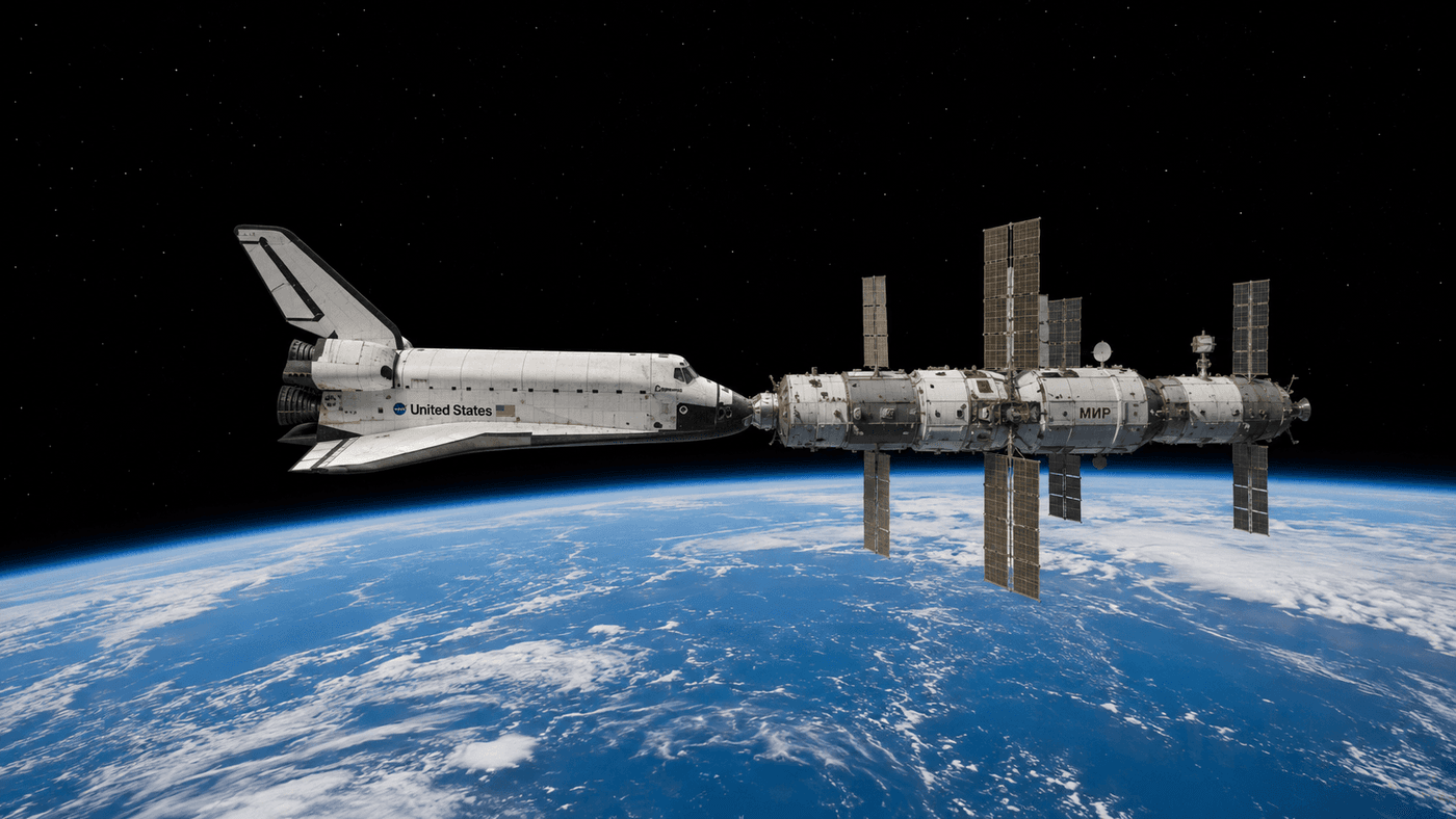 Two spacecraft docking in orbit above the earth, the curve of the planet and the darkness of space visible behind them