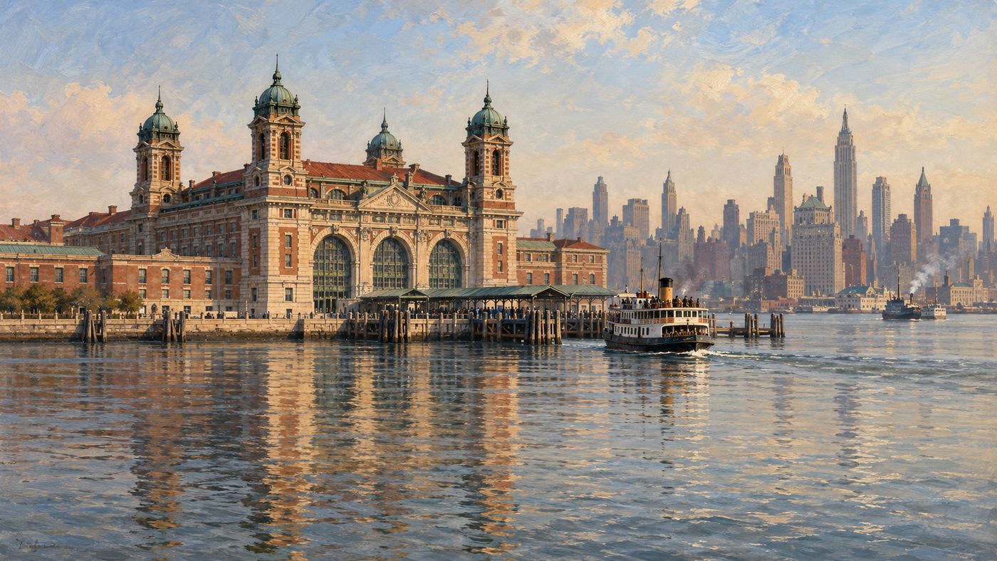 A painterly illustration of Ellis Island seen from the water — the grand Beaux-Arts main building with its distinctive copper-domed towers reflected in New York Harbor, the Manhattan skyline visible in the distance, a ferry approaching the dock