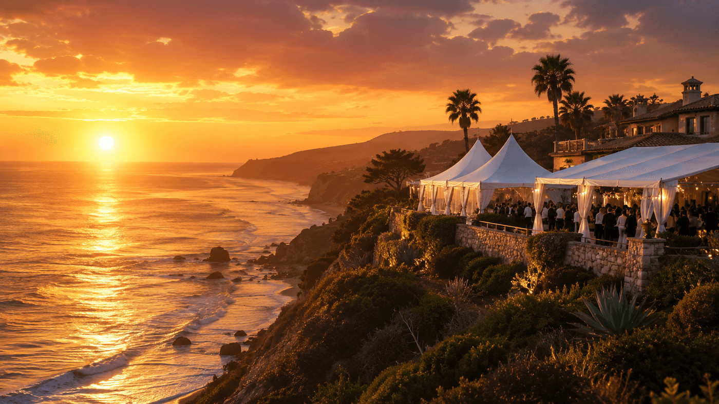 An elegant California coastal estate at sunset, white tent structures visible on a clifftop terrace above the Pacific Ocean, warm golden light over the water