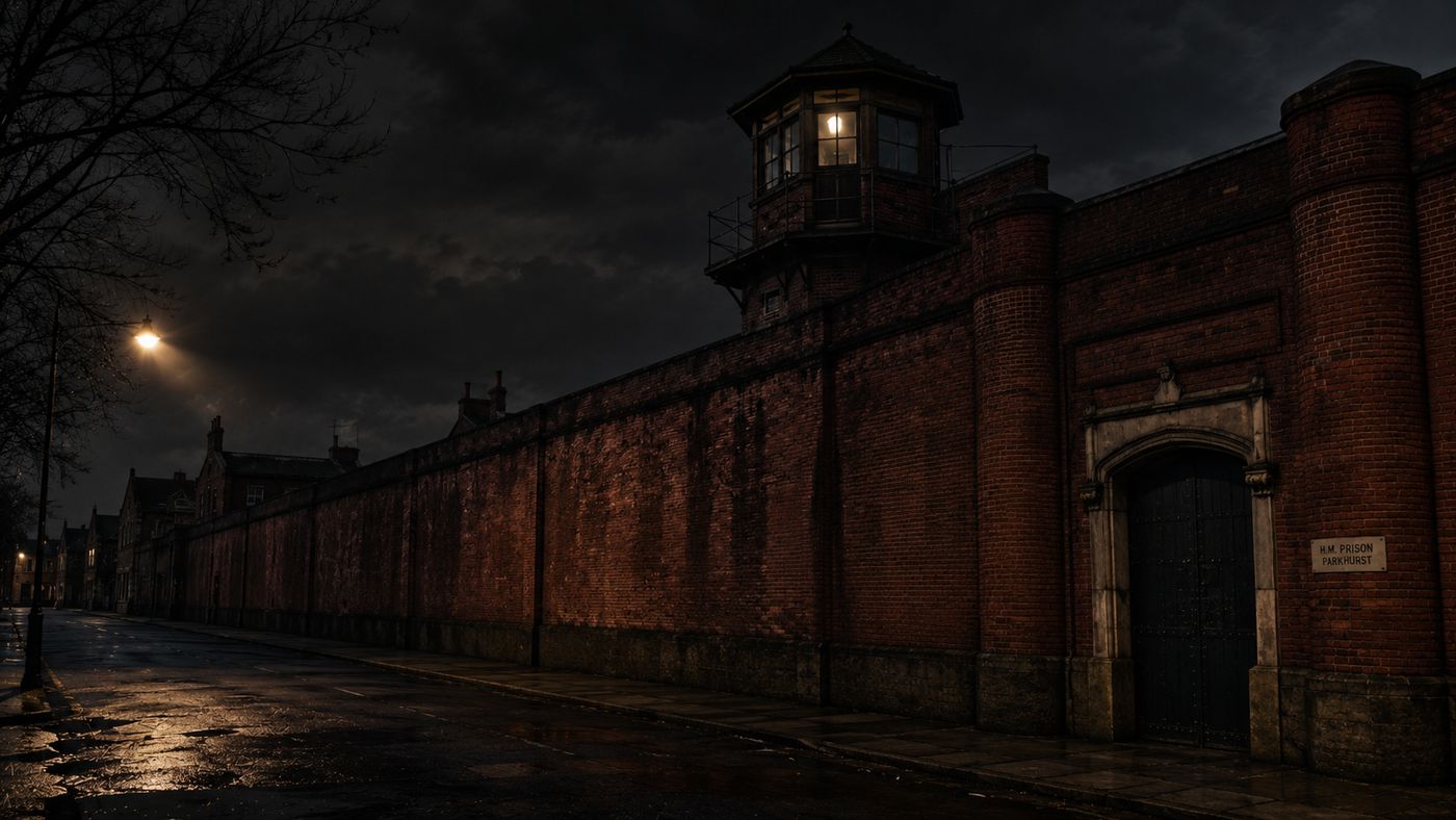 The high red-brick exterior walls of a Victorian-era British prison at night, a single guard tower visible against a dark sky