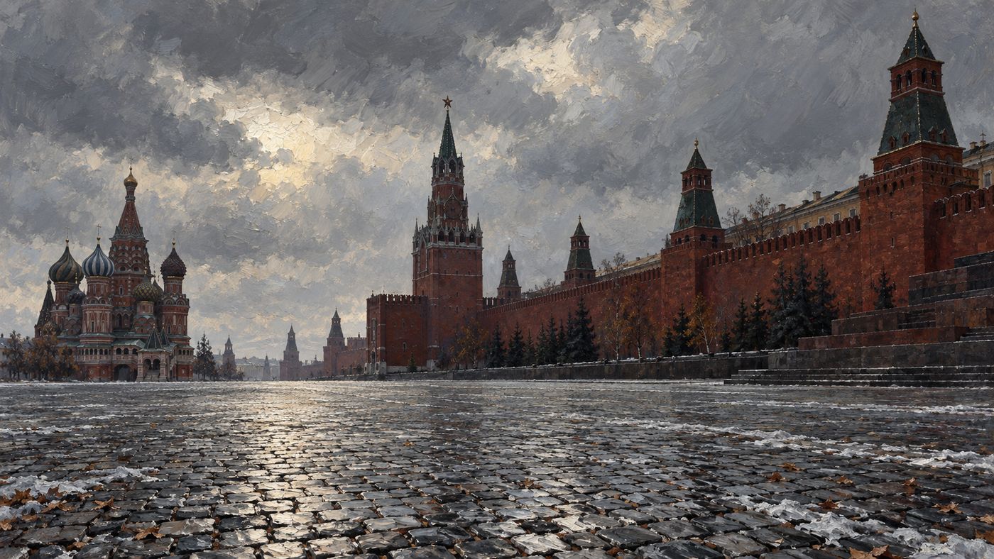 A painterly illustration of Red Square in Moscow in the late 1920s — the Kremlin walls and towers visible, the vast cobblestone square under a grey winter sky, the austere architecture of Soviet power rendered in pale stone and deep shadow