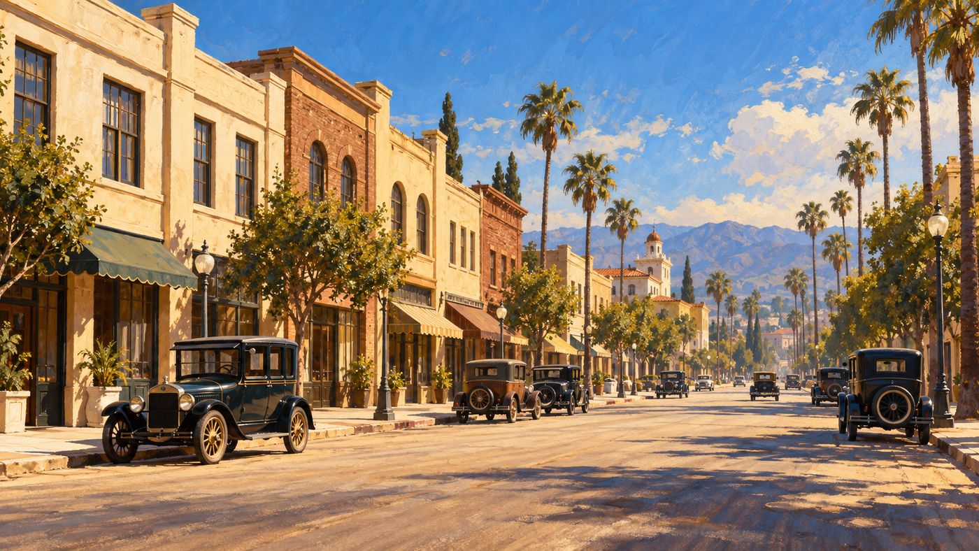 A painterly illustration of a 1920s Los Angeles commercial street — modest storefronts and small office buildings lining a sun-drenched avenue, a few early automobiles parked along the curb, palm trees visible at the end of the block