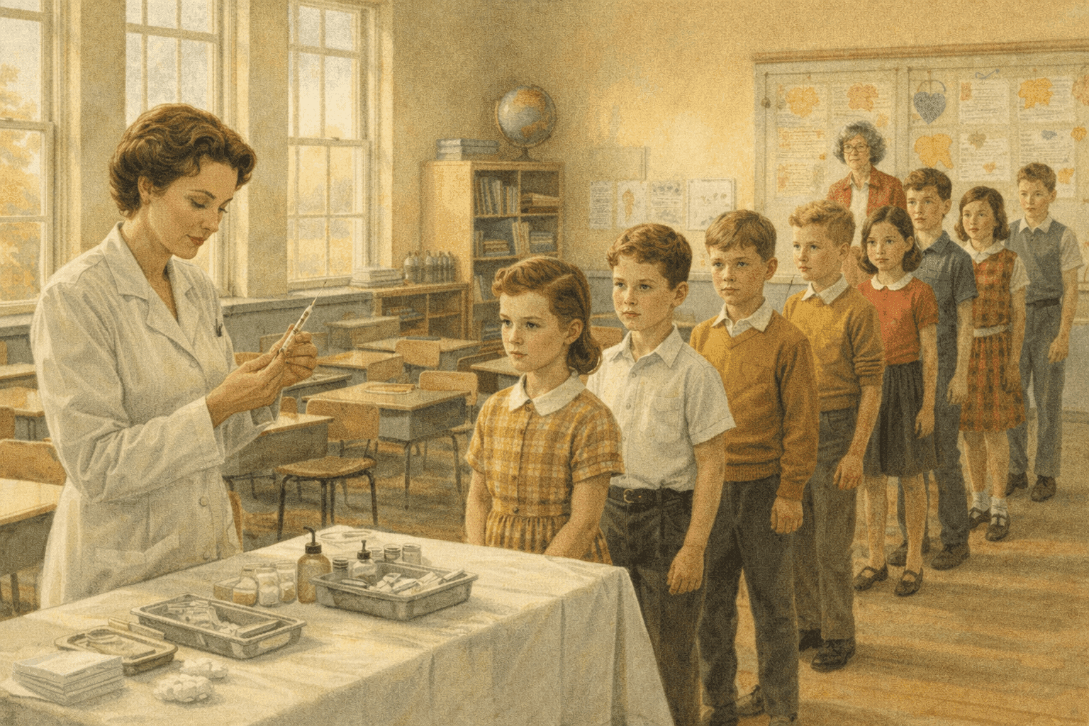 A school nurse administering a polio vaccine injection to a young child in a 1954 elementary school classroom