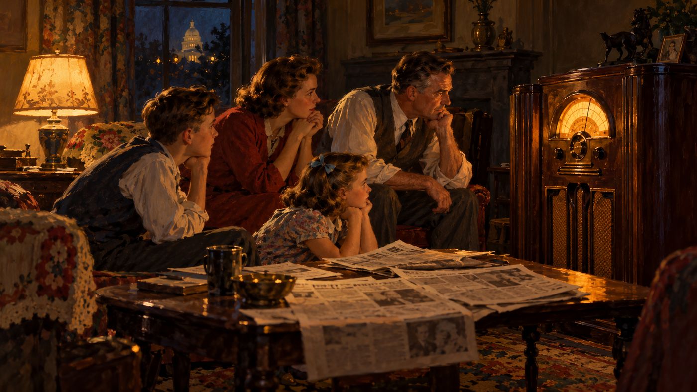 A painterly illustration of a 1940s American election night radio broadcast scene — a family gathered around a large console radio in a living room, newspapers spread on the table, the warm light of a domestic interior on a historic evening