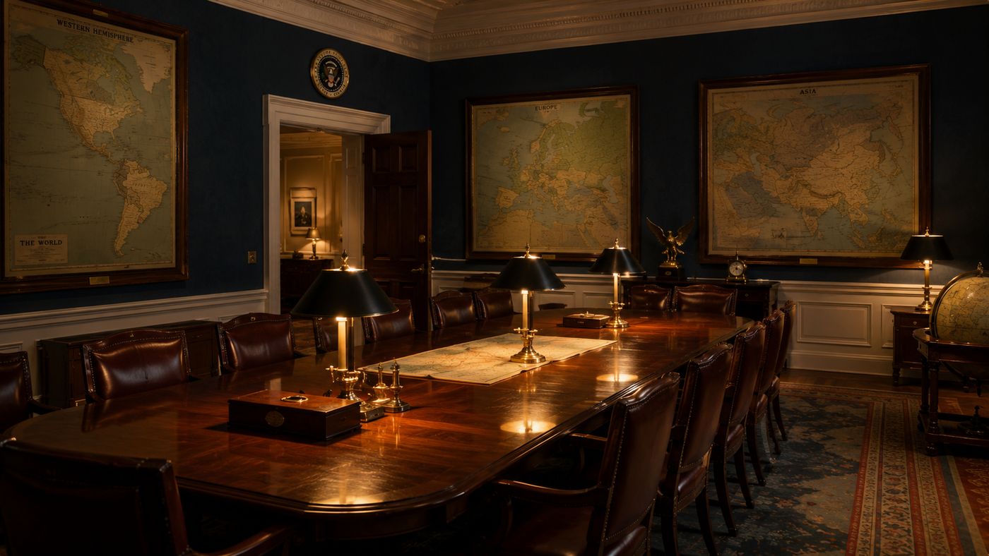 The White House Map Room, a formal historic interior with large wall maps, period furniture, and a conference table under subdued lighting
