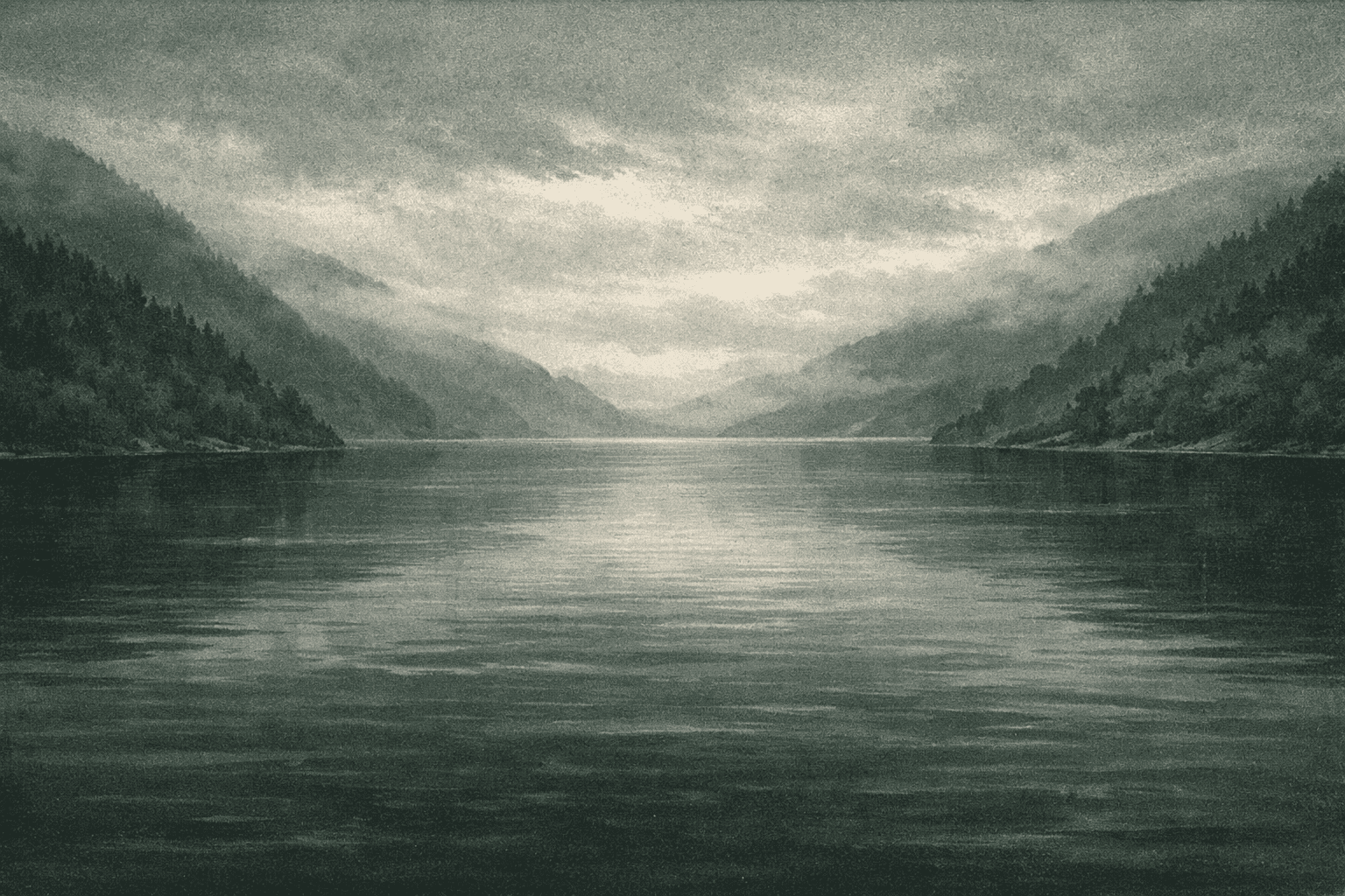 The dark still waters of Loch Ness surrounded by misty Scottish Highland hills on an overcast morning