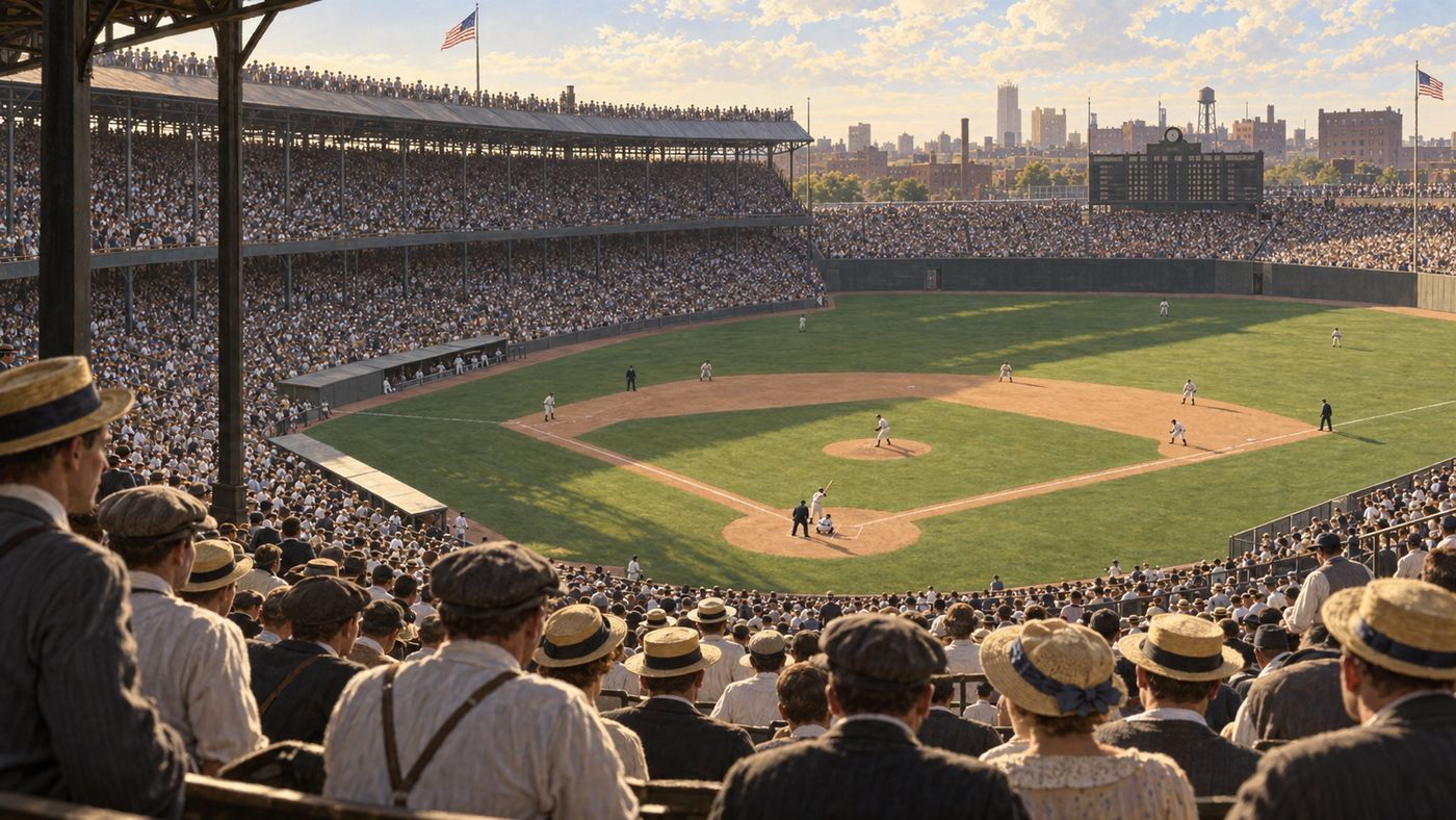A 1920s American baseball stadium, the grandstands filled with spectators in period dress, the diamond visible below, the atmosphere of a sport confronting a crisis of integrity