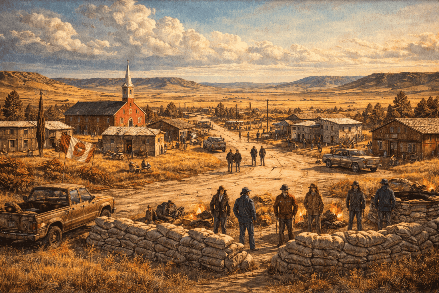 Historical illustration of Wounded Knee with South Dakota prairie landscape and the village in the distance