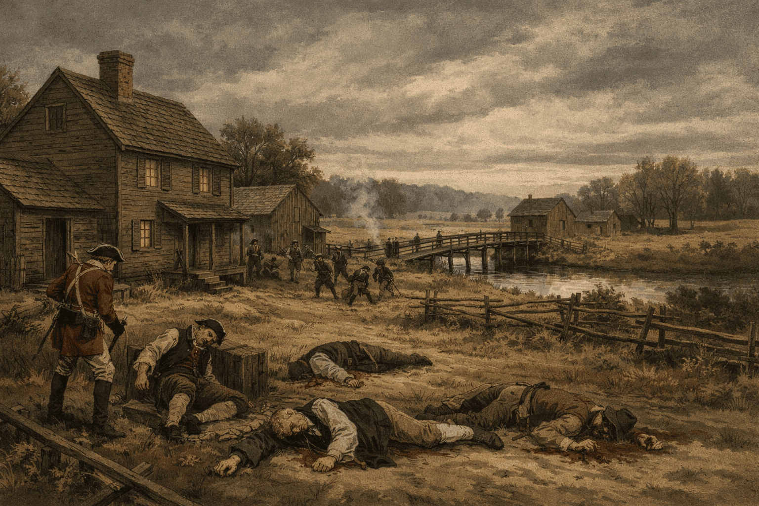 Historical illustration of colonial New Jersey farmland with wooden structures and rural Revolutionary War era landscape