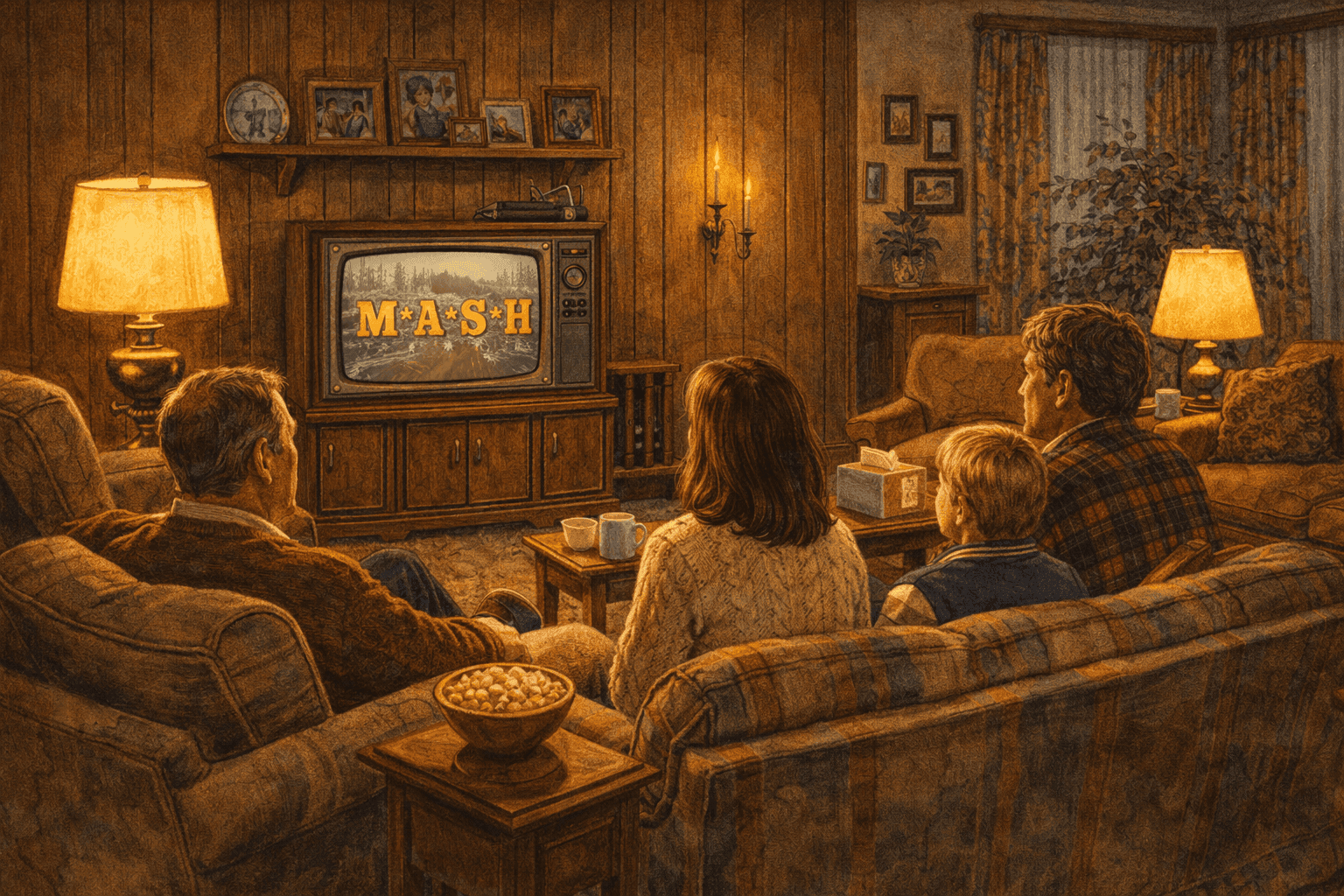 Historical illustration of 1980s American living room with family gathered around television set