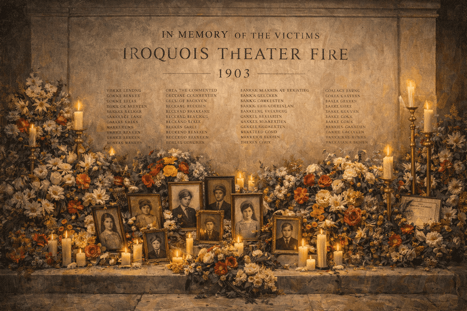 Memorial scene honoring the Iroquois Theater fire victims with flowers, candles, and names of the lost in a respectful commemorative setting