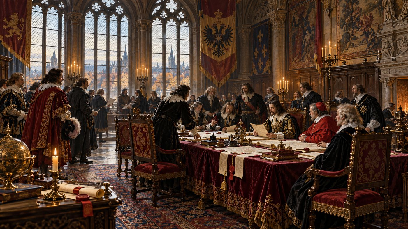 A painterly illustration of a 17th-century European diplomatic chamber — a grand hall with high vaulted ceilings and tall windows, elaborately dressed diplomats and nobles gathered around a large central table covered in documents and seals, candles and daylight illuminating the scene