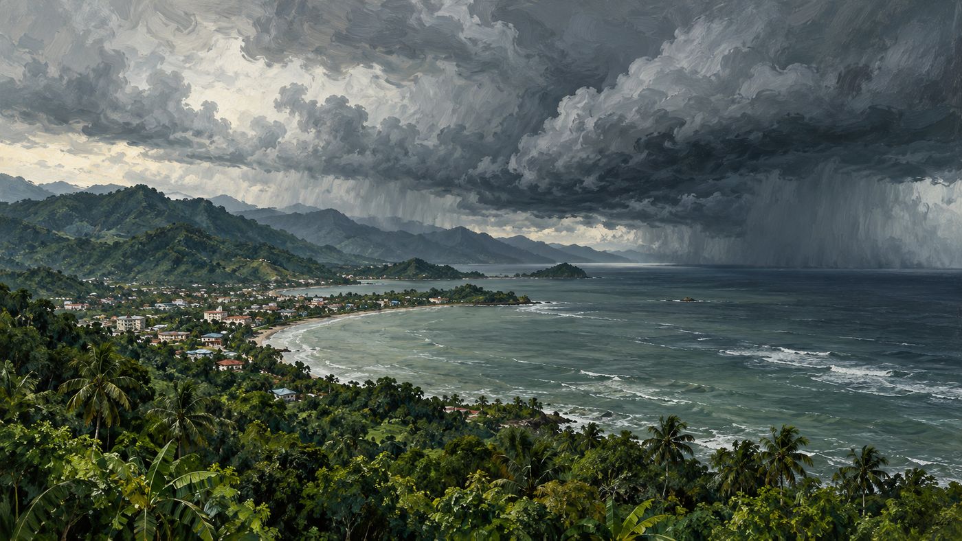 A sweeping painterly landscape of the Philippine coastline — a wide bay with a low-lying coastal town visible along the shore, dense tropical vegetation on the hillsides above, a dramatic sky building with the dark clouds of an approaching tropical storm