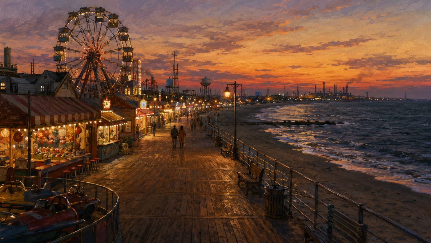 The New Jersey Shore at dusk, the boardwalk visible along the waterfront, the industrial landscape of the Garden State behind, the scene that shaped a half-century of American music