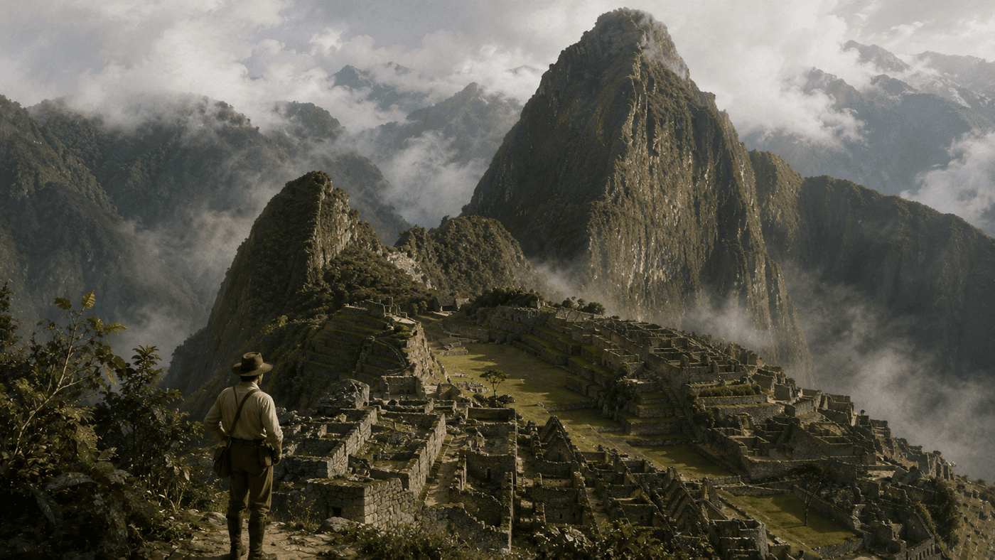 Ancient Incan stone ruins on a high Andean mountaintop, misty peaks rising behind, terraced walls emerging from lush jungle vegetation