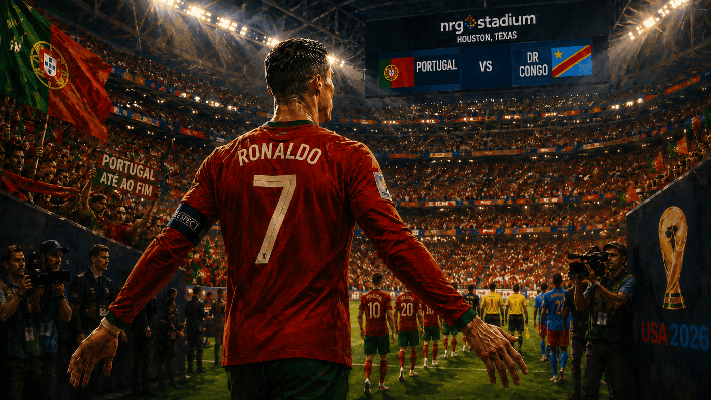 Portugal's captain in a red jersey leading his team onto the field, arms outstretched, crowd roaring