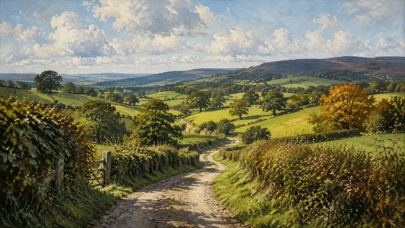 A lush green English countryside with rolling hills and a round door set into a hillside, the pastoral scene evoking the shire landscape of Tolkien's imagination