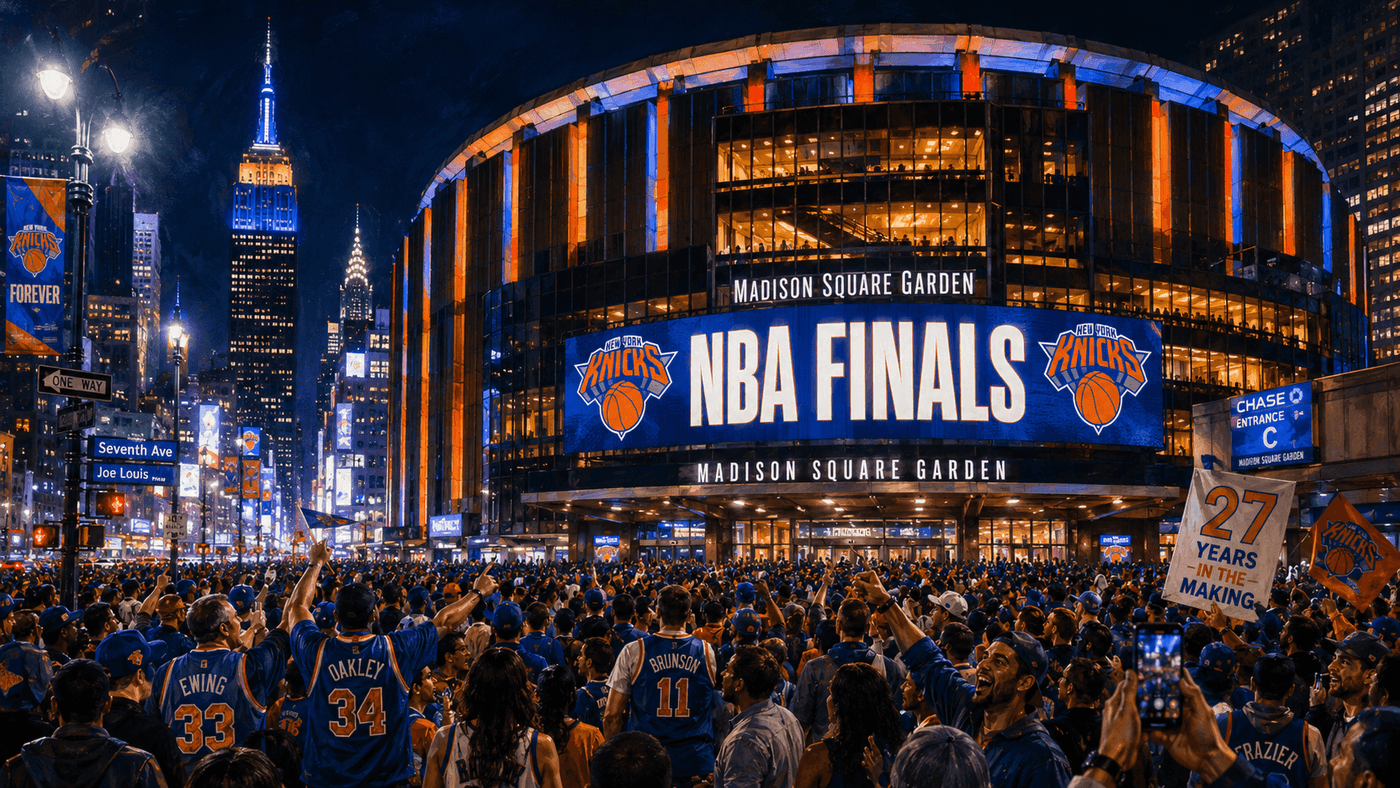 Madison Square Garden at night, lit up in Knicks blue and orange as fans celebrate the team's advance to the 2026 NBA Finals