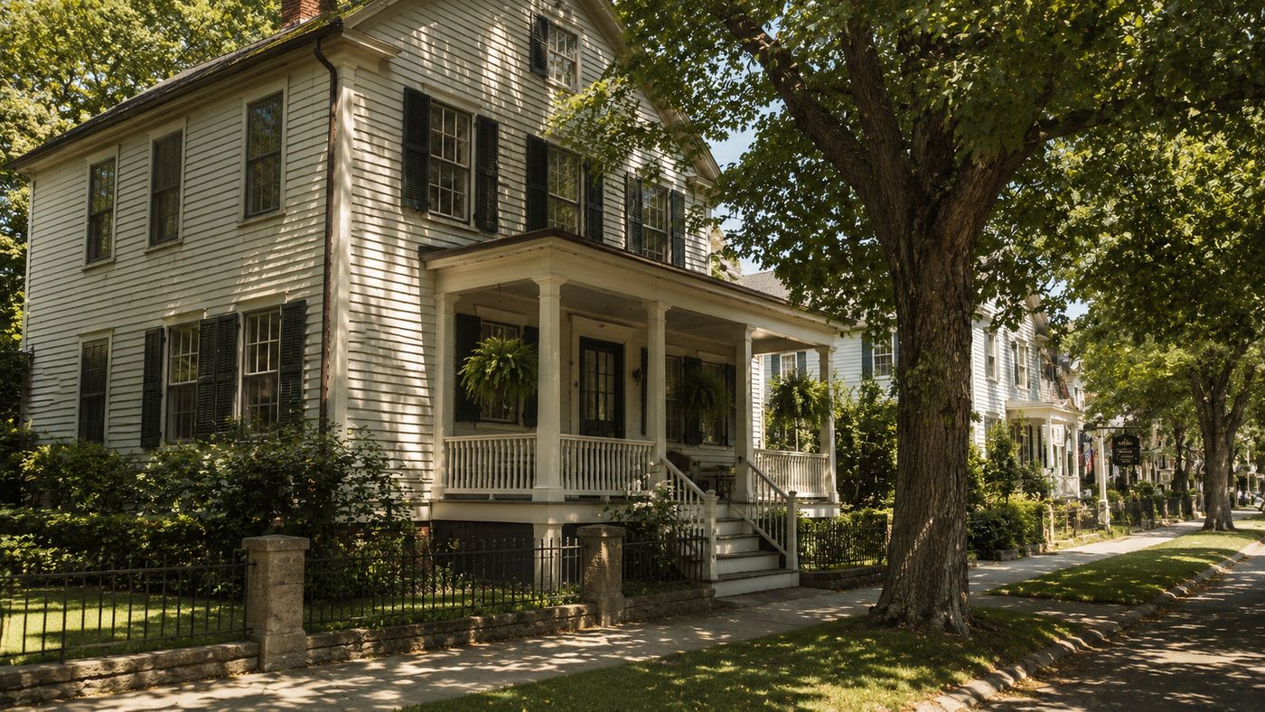 A modest Victorian-era New England house on a quiet residential street in summer, a front porch shaded by a large elm tree