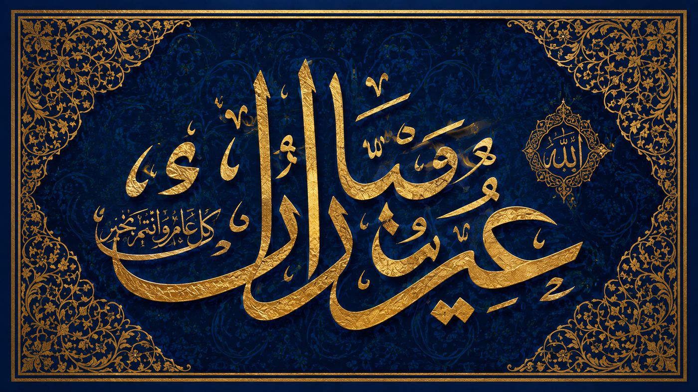 Elegant Arabic calligraphy in gold on a deep jewel-toned background, the intricate letterforms illuminated against the rich color