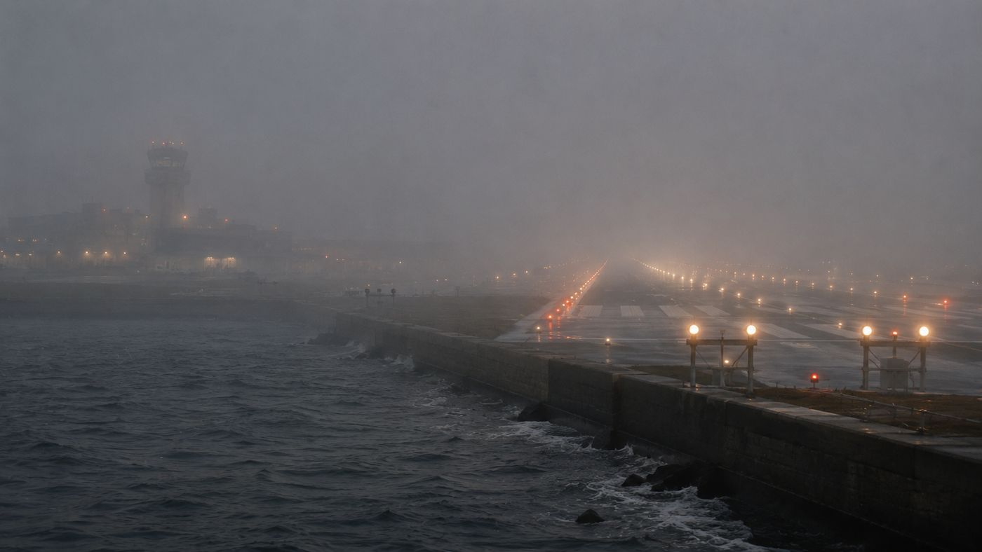 A foggy New England harbor airport at dawn, runway lights barely visible through dense coastal mist, the water of the harbor dark beyond the seawall
